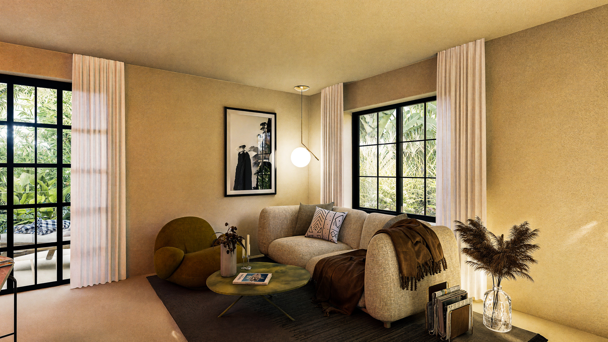 landscape render of Villa Lilja, a tropical garden and pool designed with Scandinavian principles